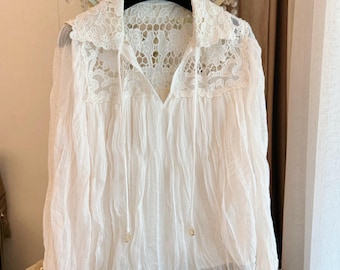 Vintage Lace Collar Blouse Elegant Sheer White Top, Romantic Boho Chic