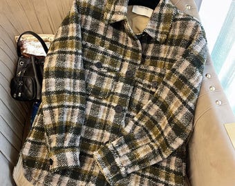 Wool Blend Plaid Overshirt: Green Beige Check, Cotton Lined