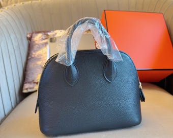 Black Leather Shell Bag: Top-Grain Cowhide Crossbody Handbag