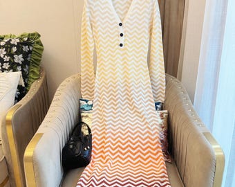 Chevron Knit Maxi Dress: Cream Orange Gradient, Retro Fall Outfit