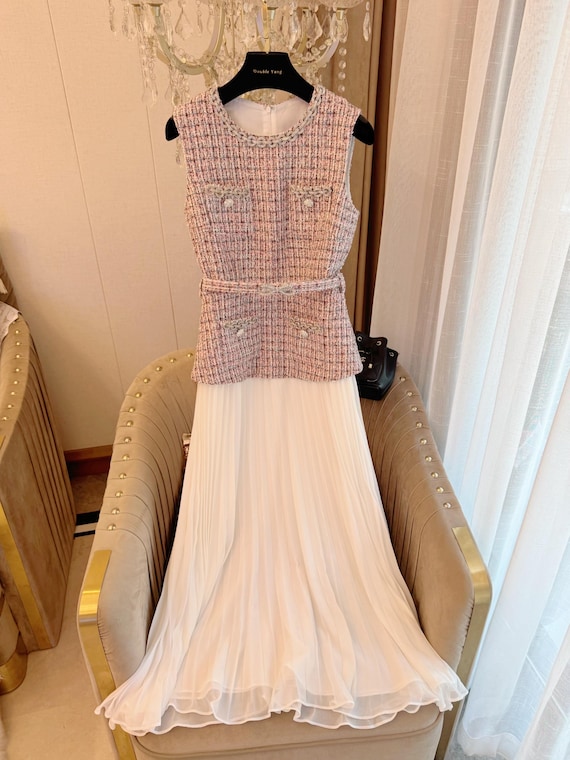 Tweed & Chiffon Midi Dress Pink Bodice, White Pleated Skirt Luxury Holiday Outfit