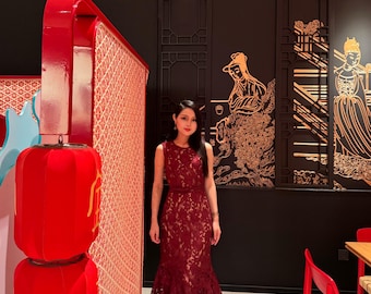 Elegant Burgundy Guipure Lace Maxi Dress, Wedding Guest Gown, Gala Evening Dress
