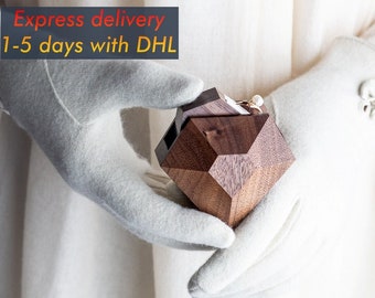 Unique ring box, diamond shape walnut engagement ring box - ring display box with Express delivery