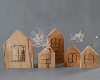 Wooden Christmas village decoration, elegant miniature wooden houses with engravings, hygge home decor, set of 5