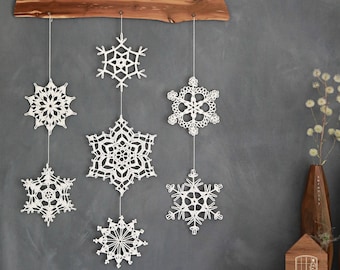 Christmas decoration, festive home decor, crochet snowflakes and wood mobile, retro wall hanging, unique home decor, wall art