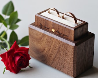 Double ring box for wedding ceremony, minimalist wooden ring bearer box, elegant ring display box, wedding ring holder