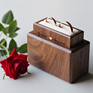 Double ring box for wedding ceremony, minimalist wooden ring bearer box, elegant ring display box, wedding ring holder