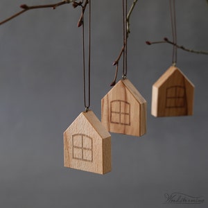 Christmas tree ornaments wooden Christmas decorations miniature houses to hang set of 5 image 1