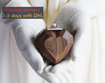 Wood Ring Box, Heart Shape Ring display Box, Engagement Ring Box, Unique Rotating Ring Box with Express shipping