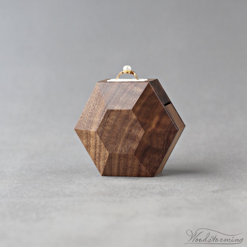 Wooden hexagon ring box, ring proposal box, modern minimalist ring box, ring display box by Woodstorming image 4