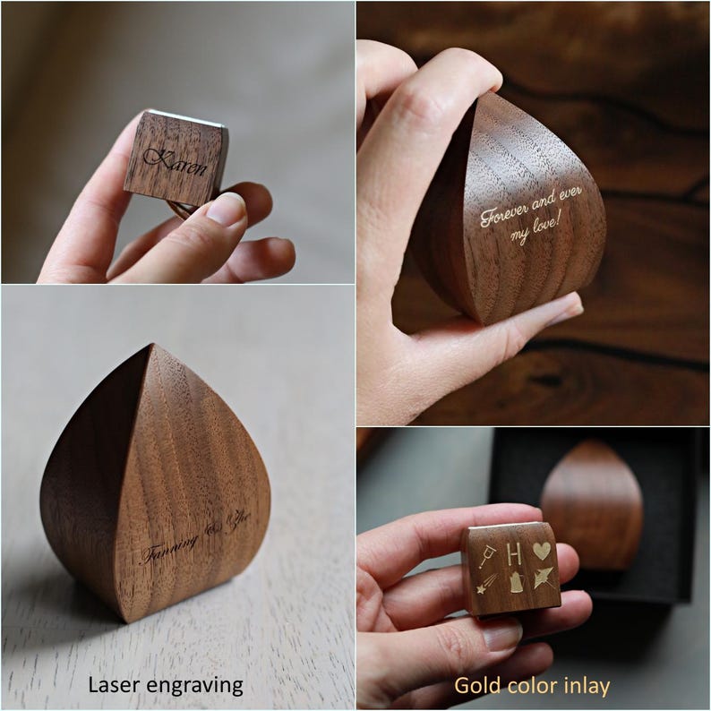 May include: Four different wooden ring boxes with laser engraving and gold inlay. The boxes are in the shape of a heart and a square. The engraving says "Forever and ever my love!" and "Karen". The inlay features a heart, a star, a key, a bell, and a letter H.