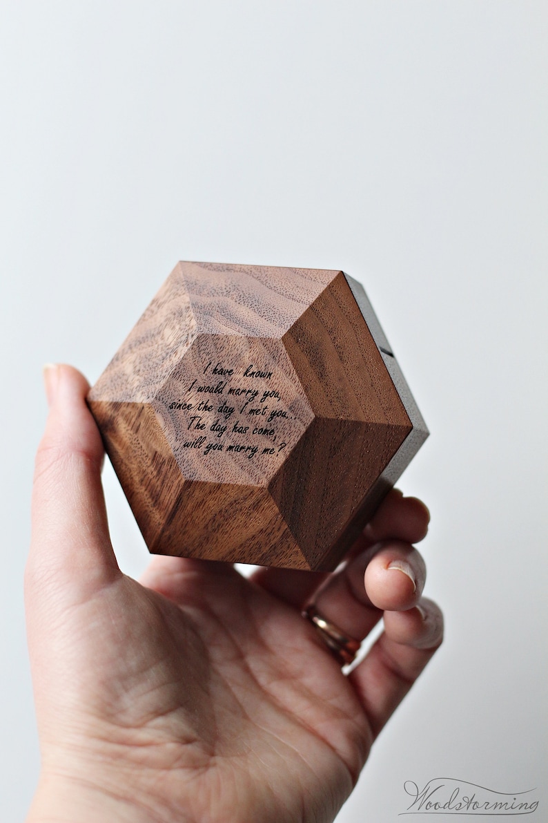 Wooden hexagon ring box, ring proposal box, modern minimalist ring box, ring display box by Woodstorming image 8