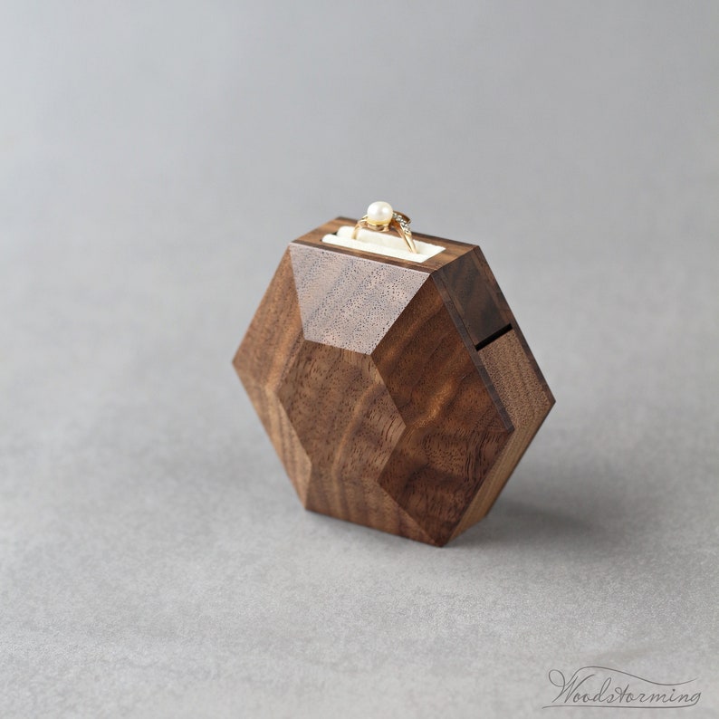 Wooden hexagon ring box, ring proposal box, modern minimalist ring box, ring display box by Woodstorming image 6