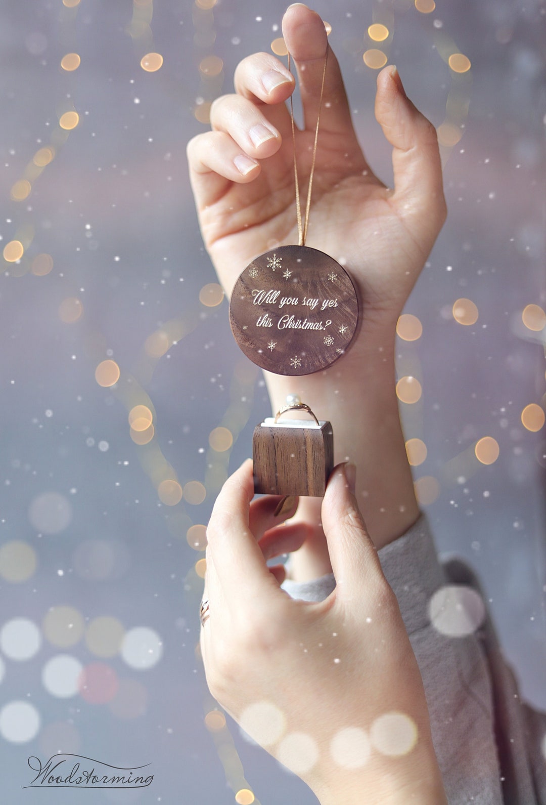 Christmas Ornament Ring Box, Unique Wooden Holiday Proposal Ring Box