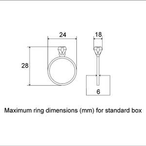 May include: Line drawing showing the maximum ring dimensions for a standard ring box. The ring is 24 mm wide, 28 mm tall, and 18 mm high. The box is 6 mm tall.