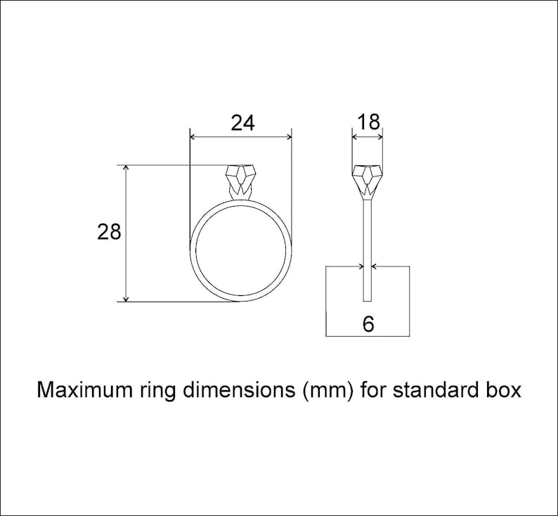 May include: Line drawing showing the maximum ring dimensions for a standard ring box. The ring is 24 mm wide, 28 mm tall, and 18 mm high. The box is 6 mm tall.