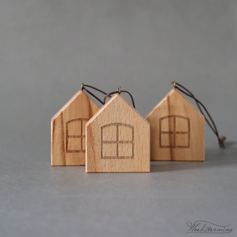 Christmas tree ornaments wooden Christmas decorations miniature houses to hang set of 5 image 3