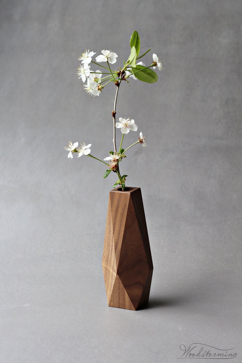 Faceted wood vase minimalist flower vase bud vase table centerpiece stick vase stem vase image 2