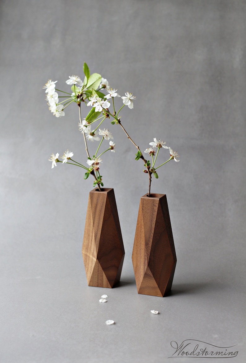 Faceted wood vase minimalist flower vase bud vase table centerpiece stick vase stem vase image 3