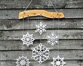 Holiday decor - snowflakes mobile - crochet snowflake and wood ornament for cozy home