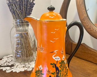Vintage Japanischer Keramikkrug mit Deckel - Oranges handgemaltes Reihermotiv - Mid-Century-Stil