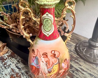 Vintage Rococo Revival Porcelain Vase with Gilded Handles — Hand-Painted Classical Scene