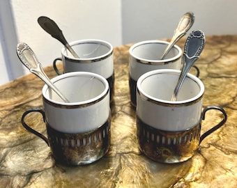 Vintage Espresso Tassen Set Brasilien Silber Halter Mit Löffeln Mid Century Kaffee Set