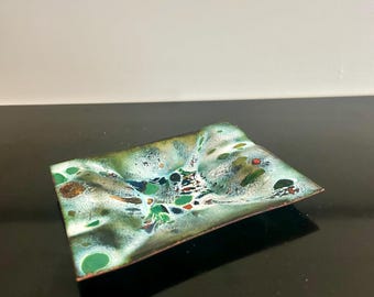 Mid Century Enamel Ashtray Green Gold Abstract Metal Dish 1960s