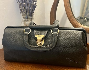 Bolso de médico vintage de piel negra con cierre de latón – Bolso estructurado de mediados de siglo
