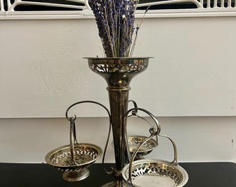 Antyczny, srebrny talerz EPNS, centralny element, patera, 3 wiszące kosze, stojak na kwiaty