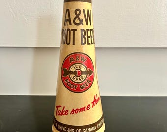 Anuncio de papel encerado de la marca A&W Root Beer Kone Megáfono Vaso Canadiense Vintage