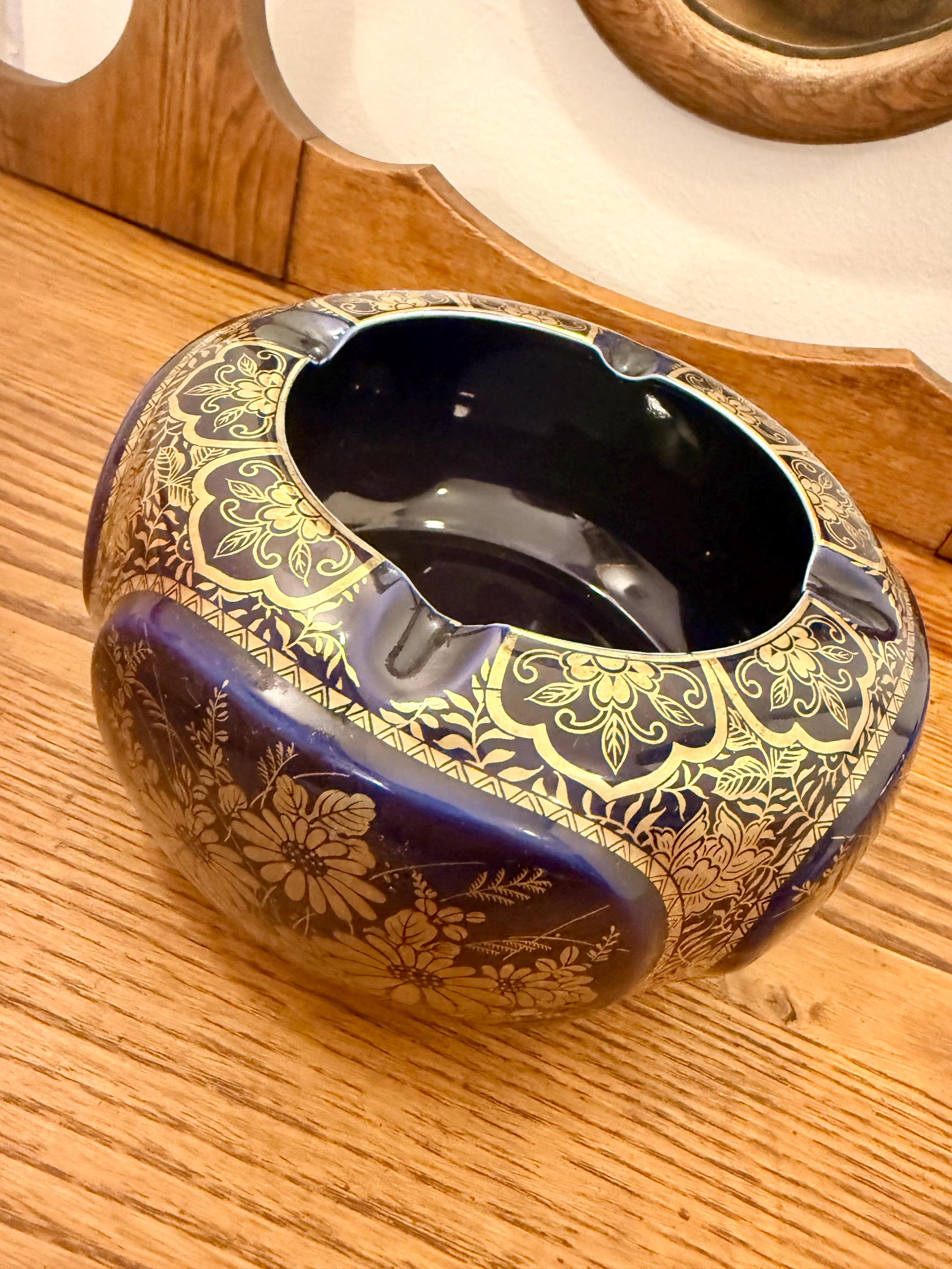 Vintage Japanese Cobalt Blue & Gold Ceramic Ashtray — Large Mid