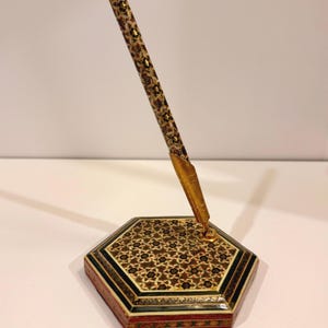 Vintage Khatam Kari Mosaic Pen and Hexagonal Desk Holder Set