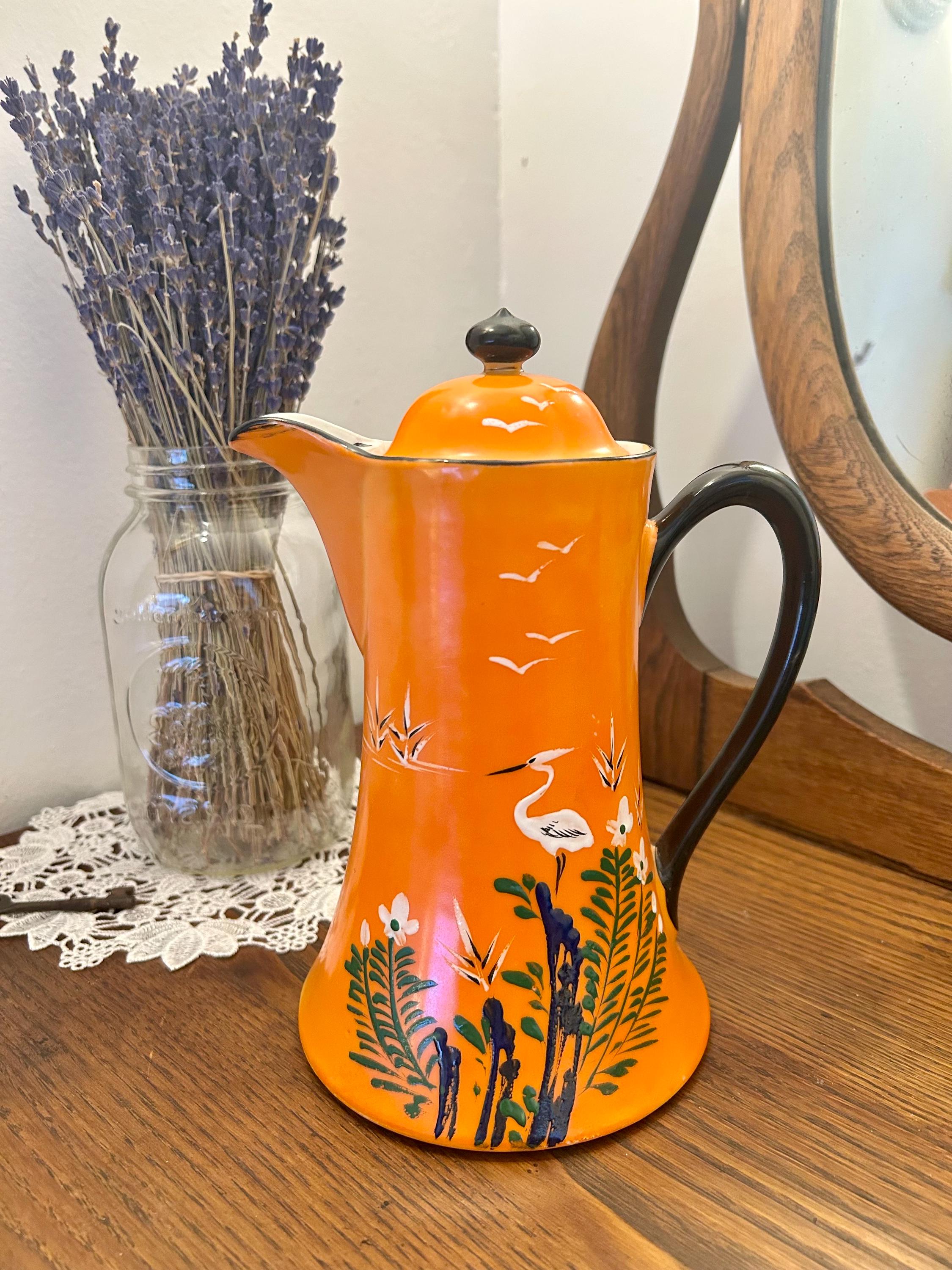 Vintage Japanese Ceramic Pitcher With Lid – Orange Hand-painted