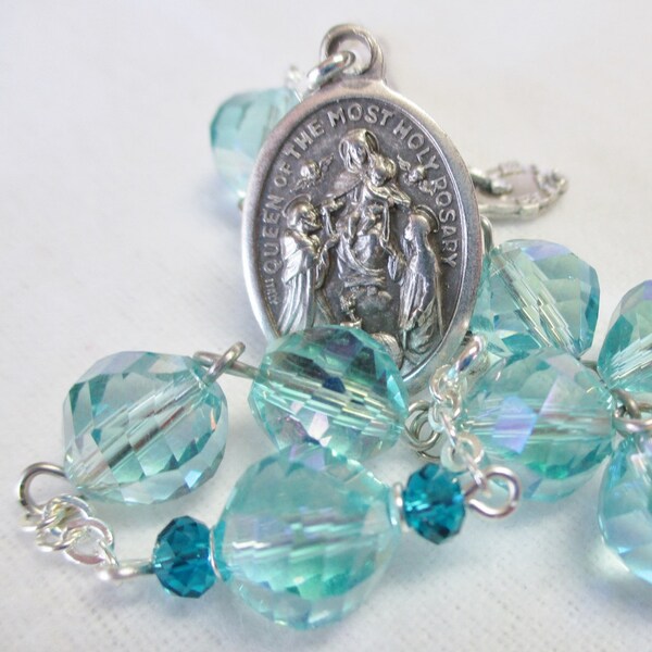 Handmade Catholic Tenner Single Decade Rosary, Queen of the Most Holy Rosary, Aqua AB Extra Facets Twisted Helix Crystal Beads