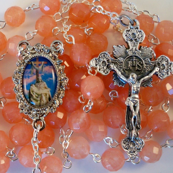 Handmade Catholic Rosary, Peachy Pink Tea Rose Malay Jade Gemstone Beads, Pieta Center