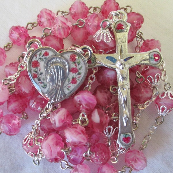 Handmade Catholic Rosary, Pink Swirled Czech Glass Rosebud Beads, Gorgeous Heart Shaped Floral Center and Crucifix