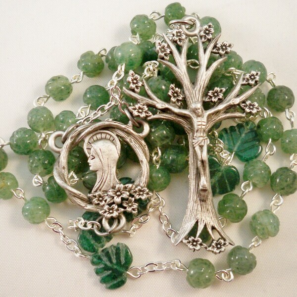 Handmade Catholic Rosary, Carved Green Aventurine, Pewter Dogwood Tree of Life Crucifix and Center Set