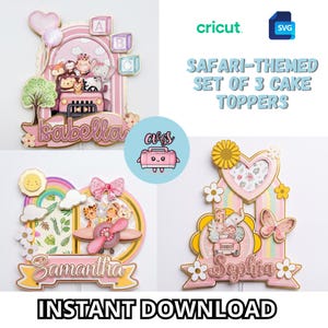 Op de afbeelding: Een set van drie taarttoppers met safaridieren in voertuigen, pastelkleuren en de namen Isabella, Samantha en Sophia. De ontwerpen bevatten regenbogen, harten, bloemen en alfabetblokken, met de tekst SAFARI-THEMED SET OF 3 CAKE TOPPERS en INSTANT DOWNLOAD.