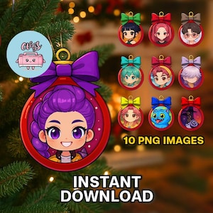 May include: A Christmas ornament with a cartoon girl design, a large purple bow, and the text "INSTANT DOWNLOAD". Additional ornaments with different character designs are also visible. The image also includes the text "10 PNG IMAGES".
