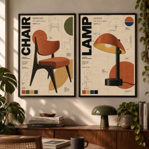 Puede incluir: Dos láminas de pared enmarcadas con ilustraciones de diseño técnico. La lámina izquierda muestra una silla con el texto CHAIR, mientras que la derecha muestra una lámpara con el texto LAMP. Ambas incluyen líneas de cuadrícula y formas geométricas.