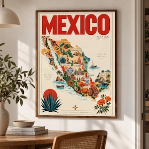 Peut inclure: Une affiche murale rectangulaire présentant une carte illustrée du Mexique avec le mot MEXICO en grandes lettres rouges en haut. La carte affiche divers monuments, flore, faune et icônes culturelles aux couleurs vives sur un fond crème.