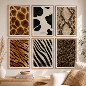 Könnte beinhalten: Ein Set aus sechs rechteckigen Wandbildern in hellen Holzrahmen, die jeweils ein anderes Tiermuster zeigen: Giraffe, Kuhfell, Schlangenhaut, Tigerstreifen, Zebramuster und Gepardenmuster, wobei der Name des Musters jeweils unten aufgedruckt ist.