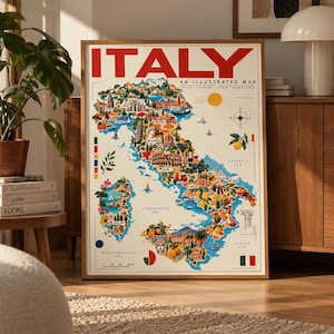 May include: A vertical wall art print featuring an illustrated map of Italy with the bold red text ITALY AN ILLUSTRATED MAP at the top. The map displays colourful landmarks, food, and regional icons across the country, including the Adriatic, Tyrrhenian, and Mediterranean seas, with a compass rose and small Italian flag.