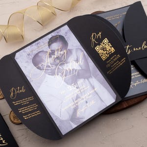 Black Gatefold Wedding Invitation with Gold Foil Lettering and Acrylic Insert