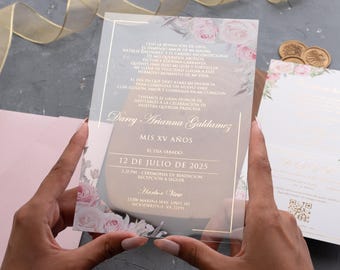 Convite de Acrílico para Quinceañera, Rosa Blush com Detalhes Florais em Folha de Ouro e Lacre de Cera, Dobra Simples