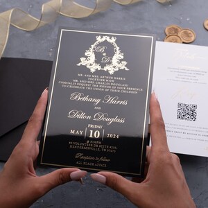 Black Acrylic Wedding Invitation with Gold Foil Lettering – Optional RSVP & Details Cards