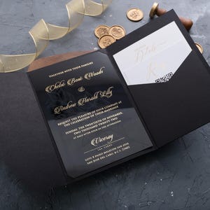 Black Glossy Acrylic Wedding Invitation with Gold Foil and Floral Engraving