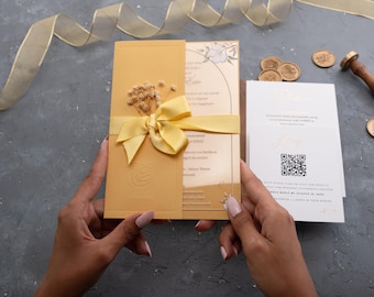 Yellow Acrylic Wedding Invitation – Floral UV Print, Ribbon & Dried Flowers