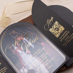 Luxury Black & Gold Acrylic Wedding Invitation with Folded Arch Jacket and Belly Band
